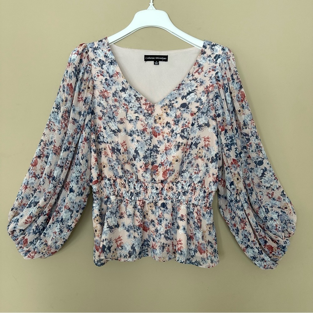 Catherine Malandrino Women M Smocked Peplum Top Cottagecore Blouse Balloon Sleev